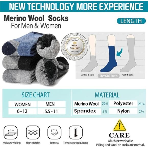 4 Men's Merino Wool Socks Thermal Hiking Soft Cozy Socks - Picture 6 of 6